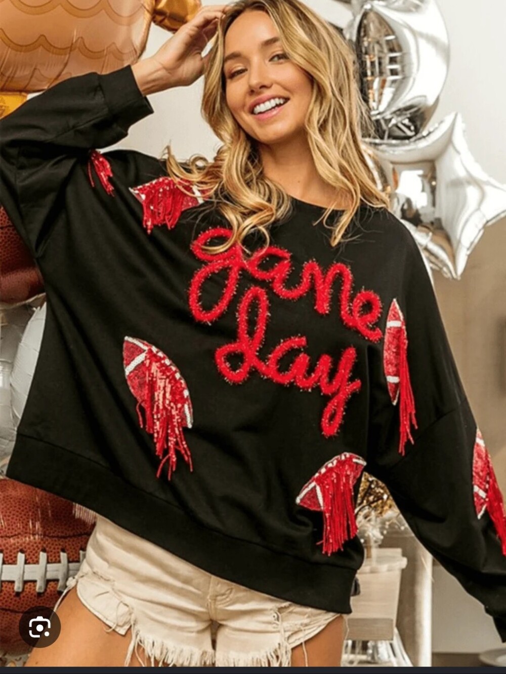 NWT BiBi Black Glam "Game Day" Red Sequin Football Textured Graphic Sweatshirt
